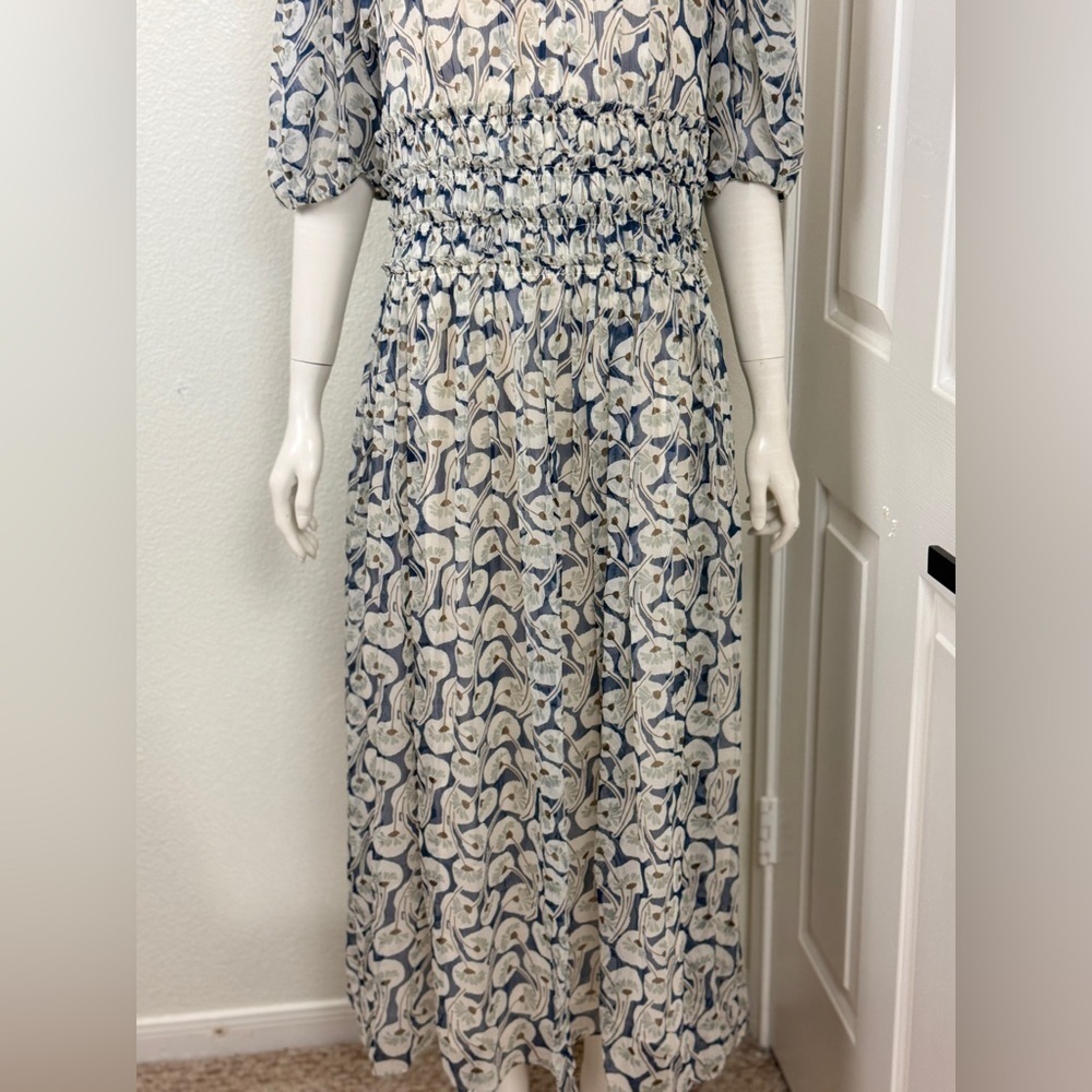 Rebecca Taylor Cottagecore Floral Blue and Cream Long Dress Size 12 F45 - Picture 7 of 16